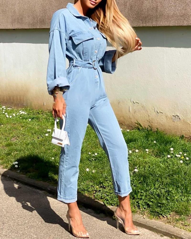 

Long Sleeve Pocket Bottoned Denim Jumpsuit, Blue