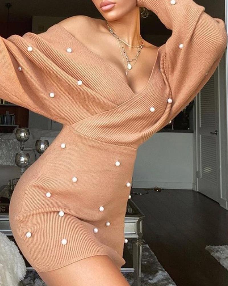 

Beaded Detail Sweater Bodycon ress, Khaki
