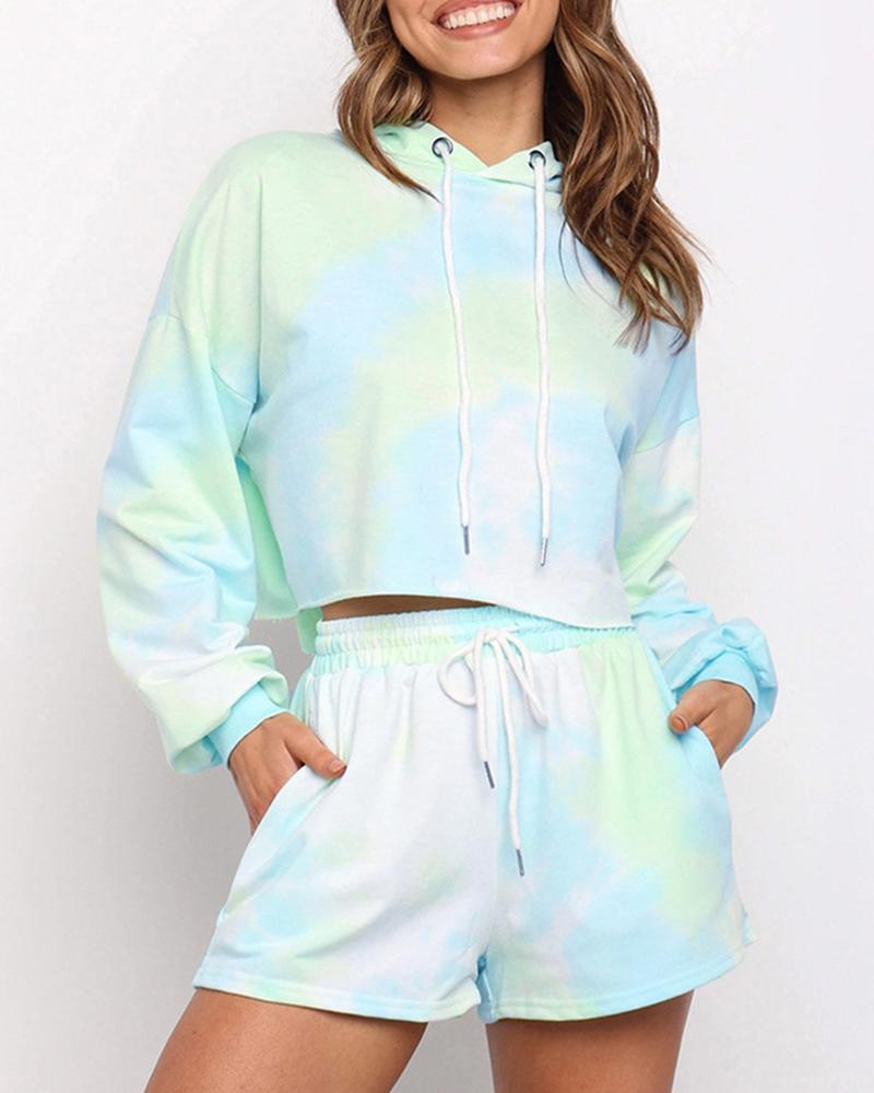 

Tie Dye Hooded Hoodies Shorts Set, Multicolor