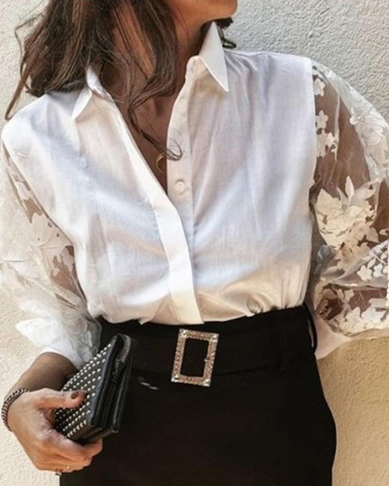 

Sheer Mesh Floral Embroidery Casual Shirt, White