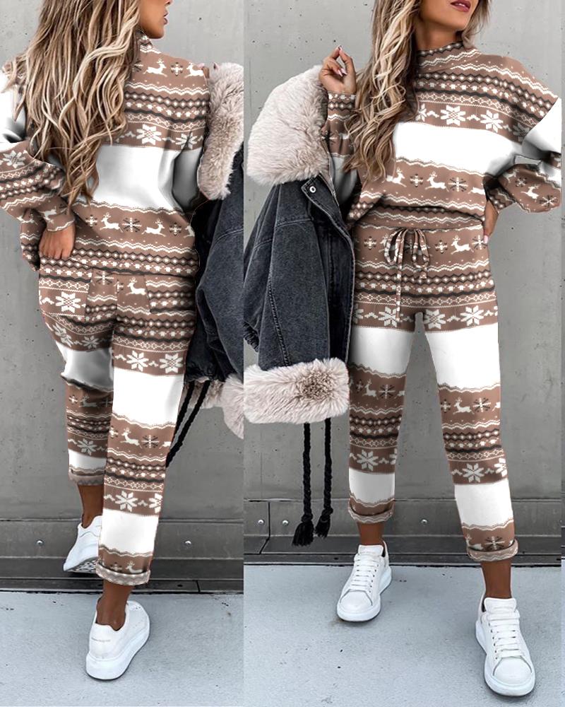 

Christmas Lantern Sleeve Top & Drawstring Pockets Design Pants Set, Brown