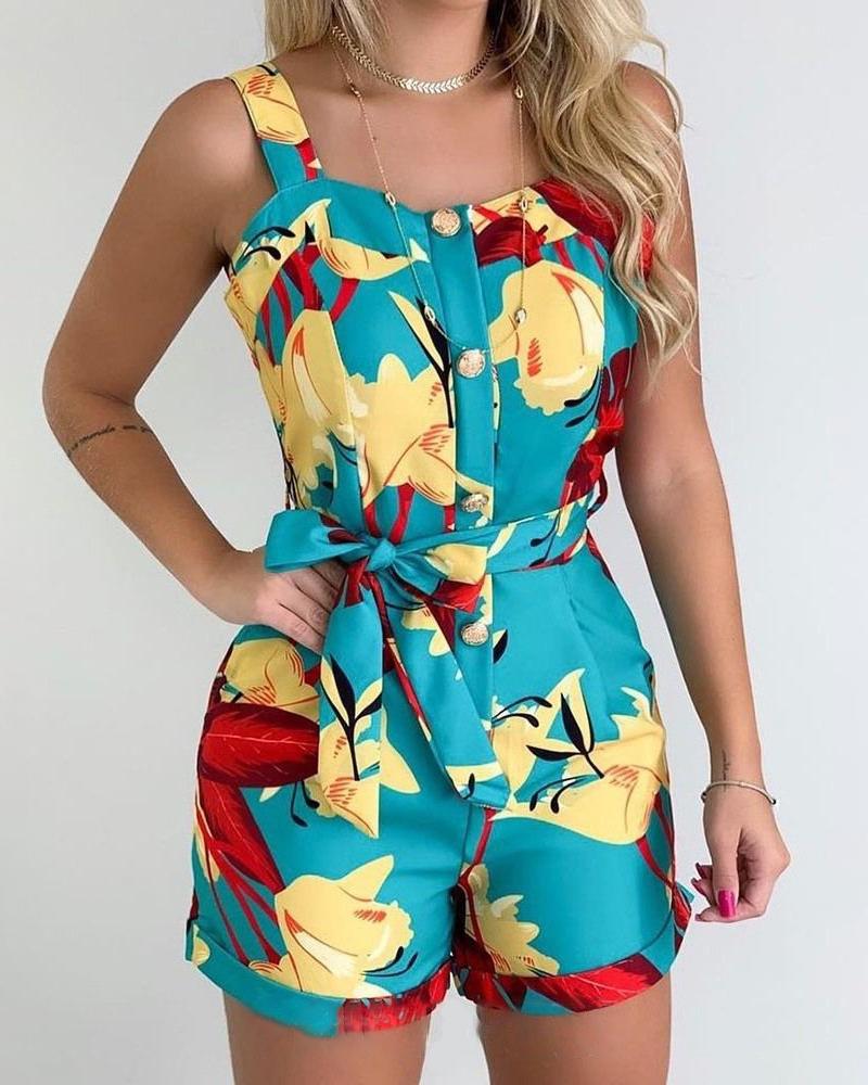 

Sleeveless Sling Floral Printed Romper, Blue