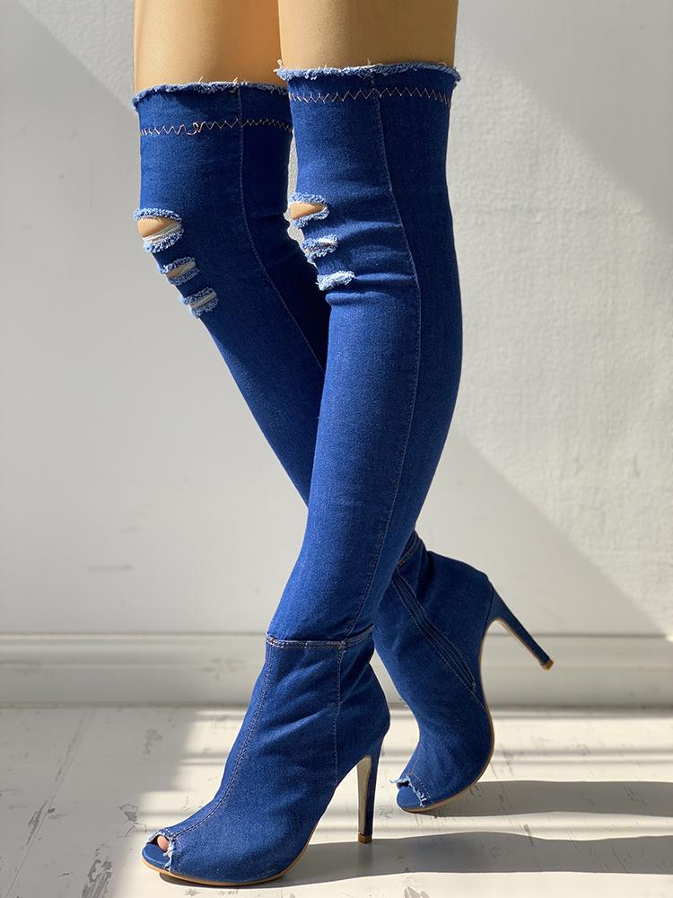 

Denim Knee-High Zipper Ripped Open Toes Boots, Purplish blue