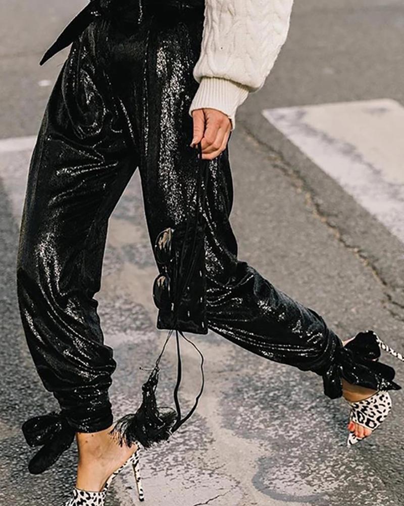 

Glitter High Waist Cuffed Sequins Pants, Black