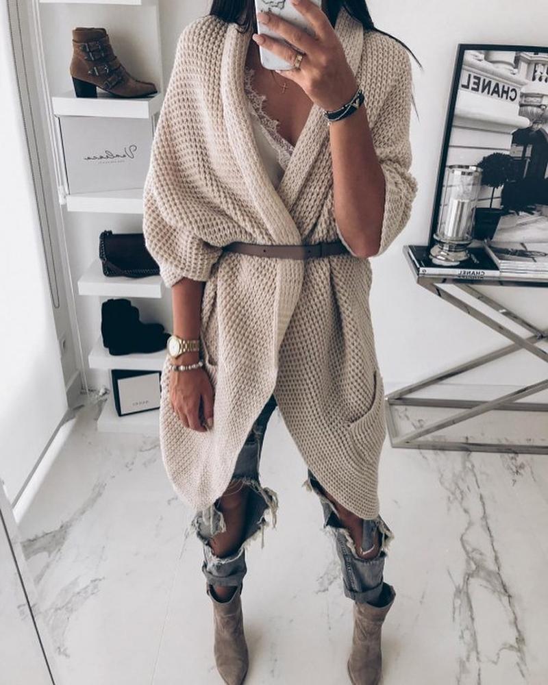 

Solid Pointelle Open Front Pocket Design Longline Cardigan, Yellow