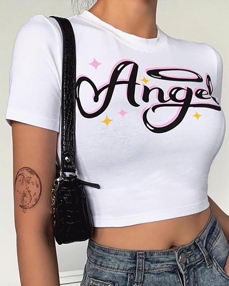 

Short Sleeve Letter Print Casual Top, White