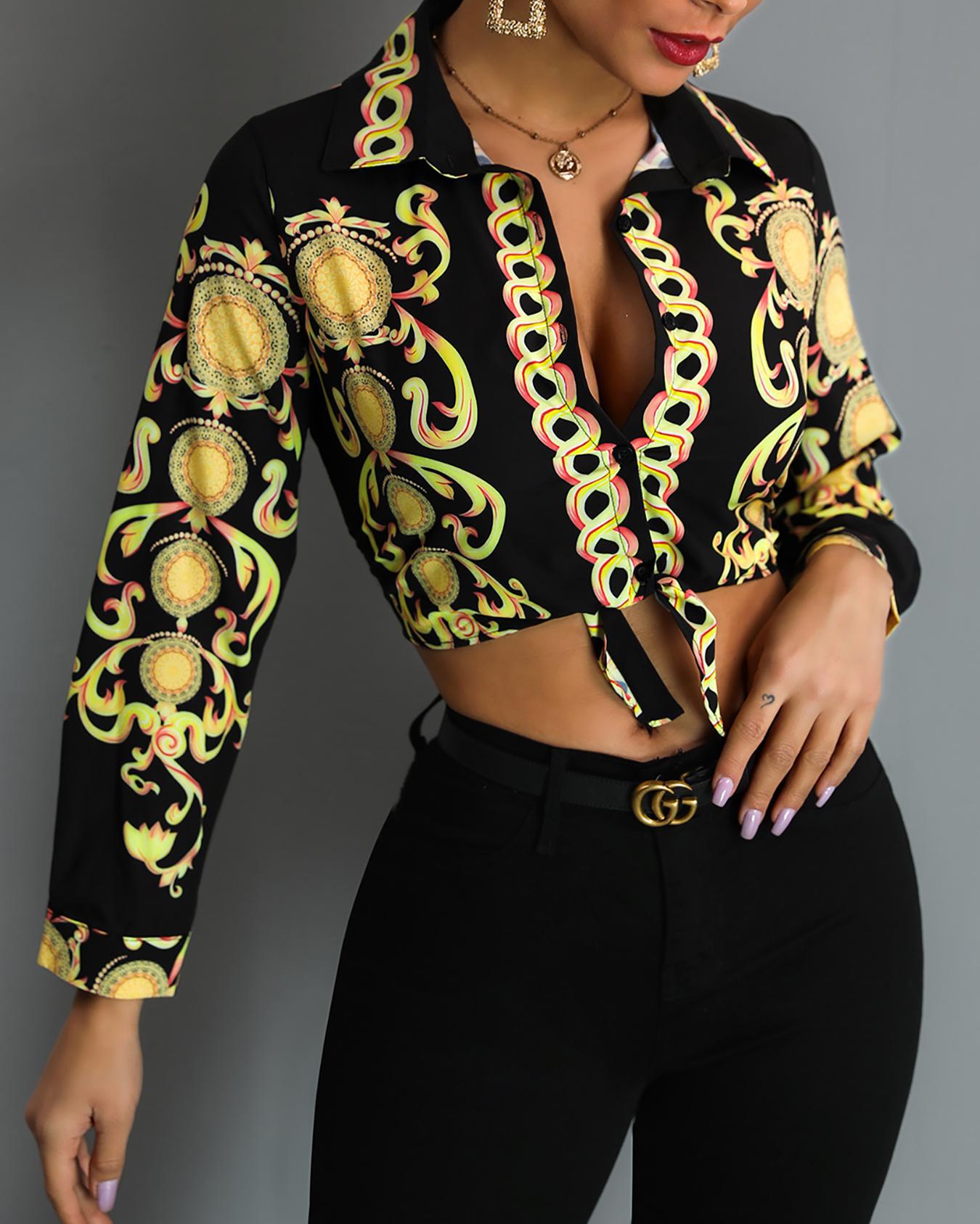 

Retro Print Knot Front Blouse, Black