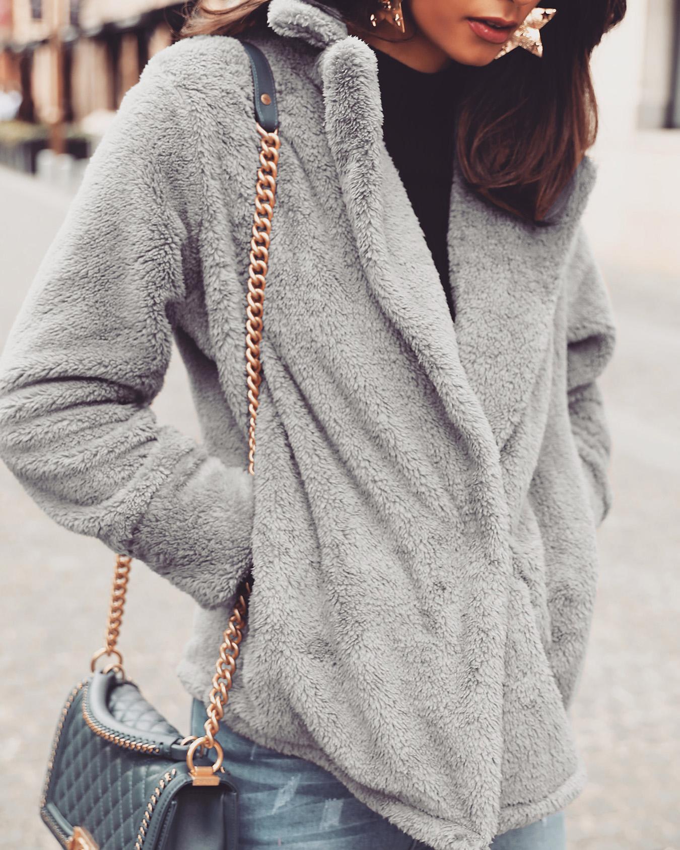 

Solid Fluffy Pocket Design Long Sleeve Coat, Gray