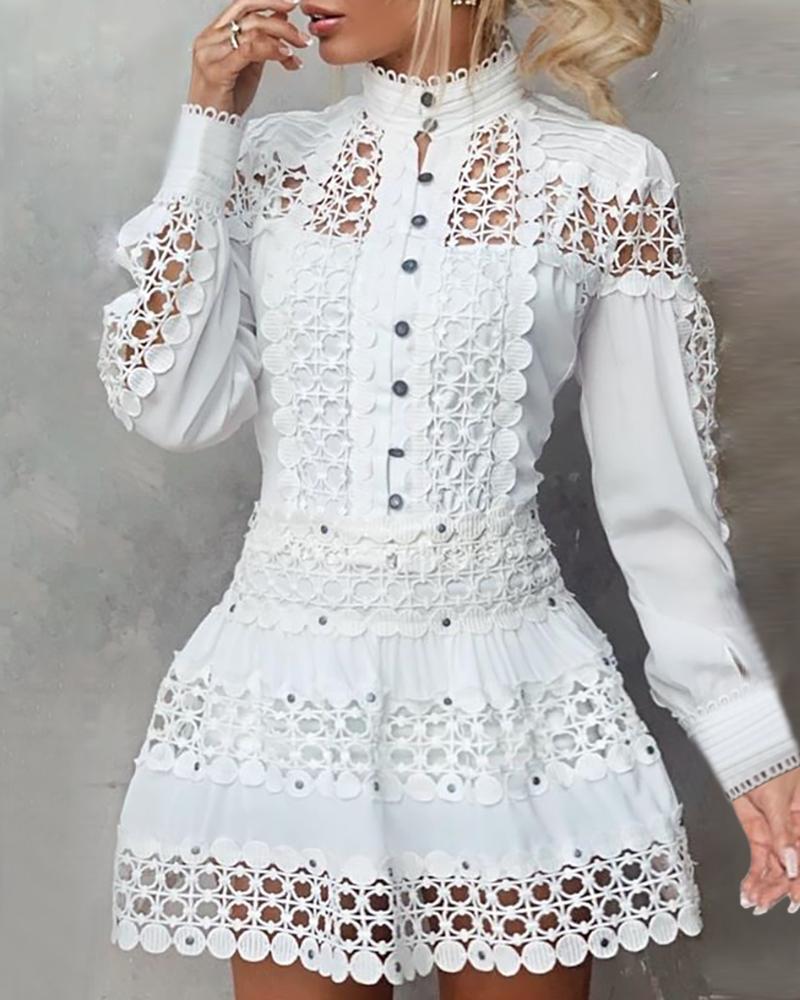 

High Neck Hollow Out Lace Buttoned Top & Skirt Sets