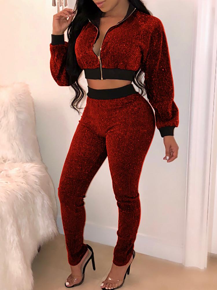 

Shiny Sequins Zipper Crop Jacket & Pant Sets