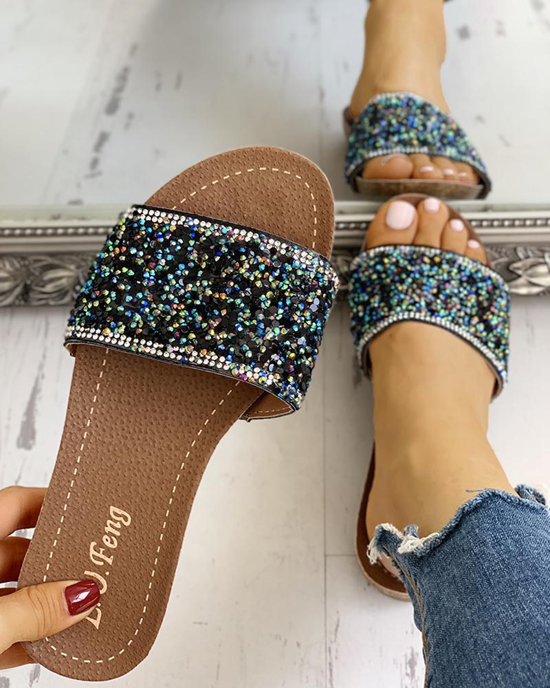 

Open Toe Studded Design Flat Sandals, Black