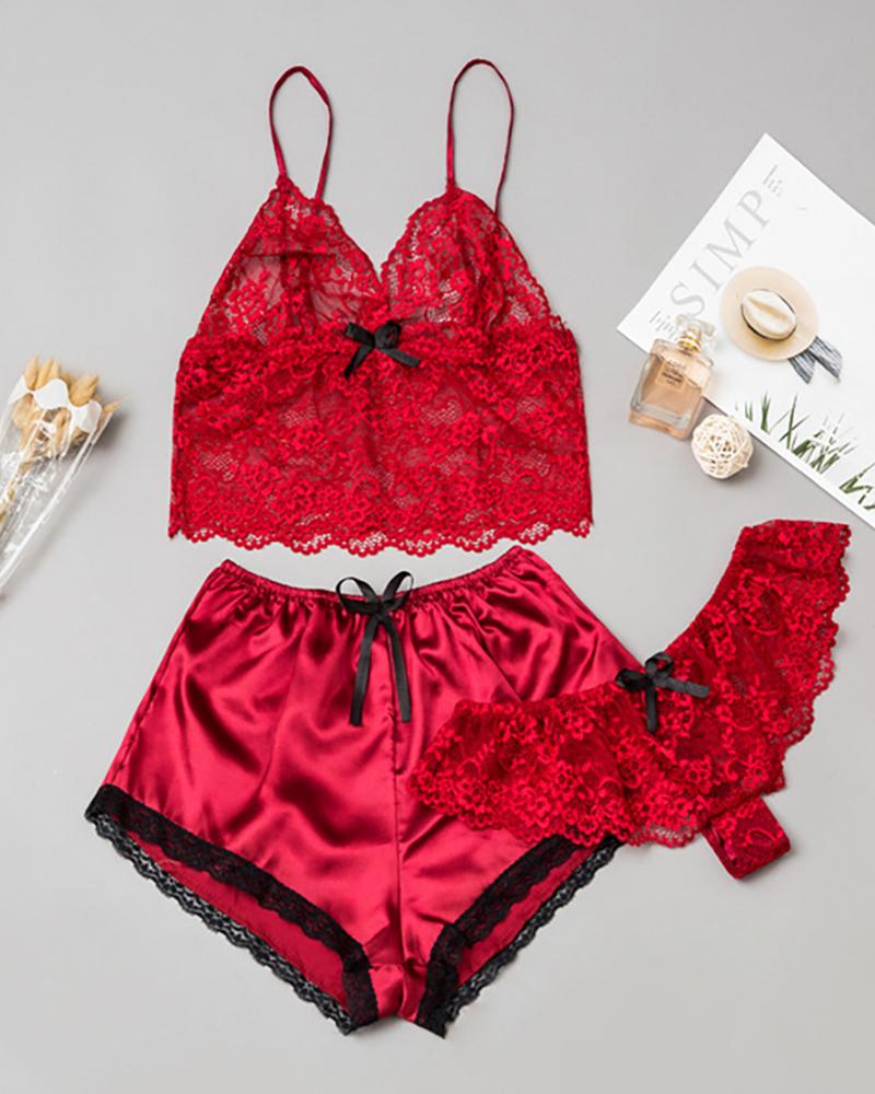 

Spaghetti Strap Lace Trim Sleepwear Three-piece, Red