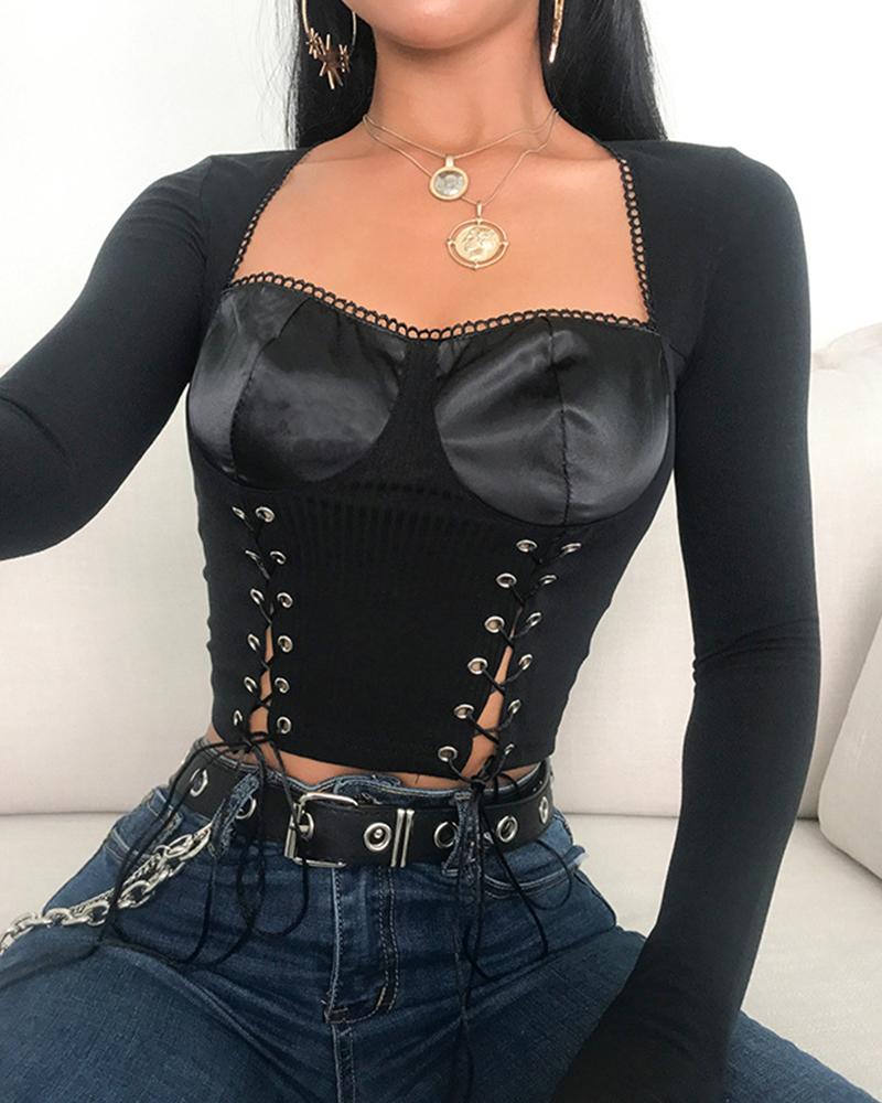

Square Neck Corset Detail Top, Black