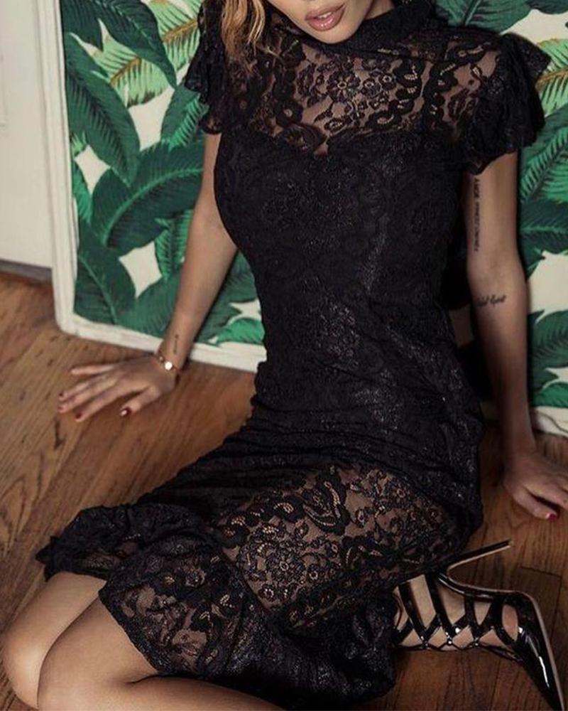 

Mock Neck Lace Detail Midi Dress, Black