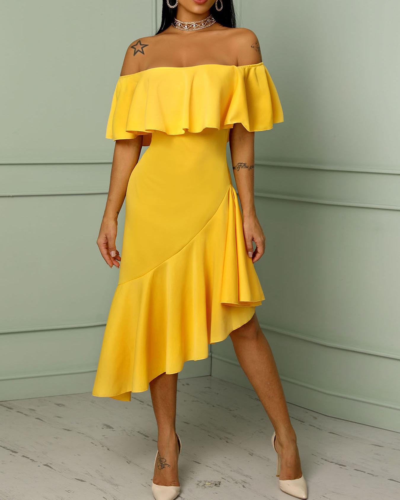 

Asymmetric Off Shoulder Ruffles Hem Maxi Dress, Yellow