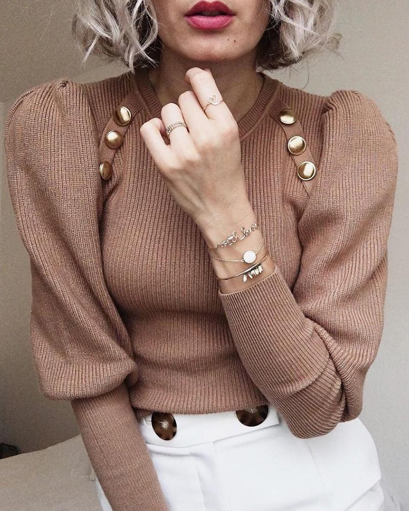 

Faux Button Ribbed Top, Khaki