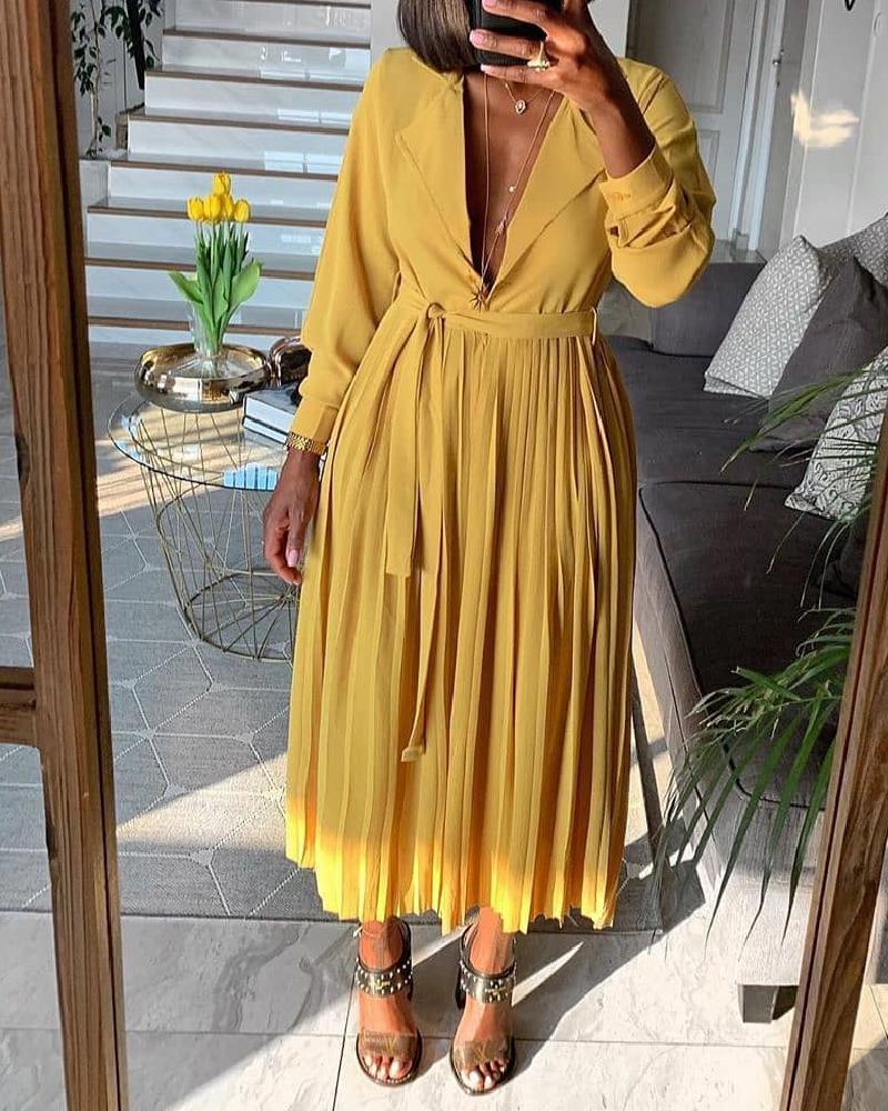 

Deep V Neck Tie Waist Pleated Dress, Yellow