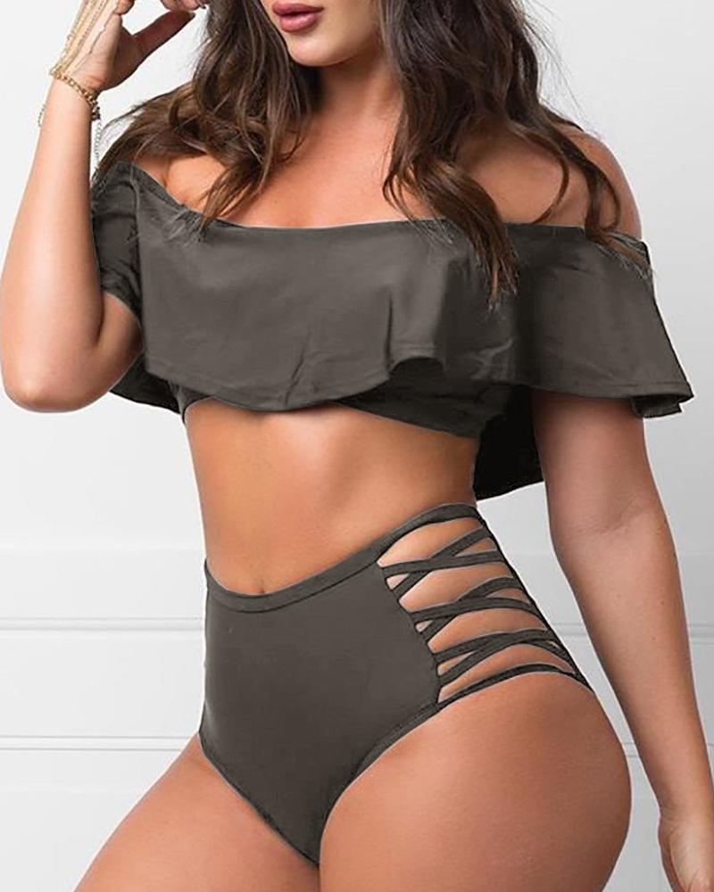 

Off Shoulder Ruffles Tankini Set, Pink;blue;white;coffee;black