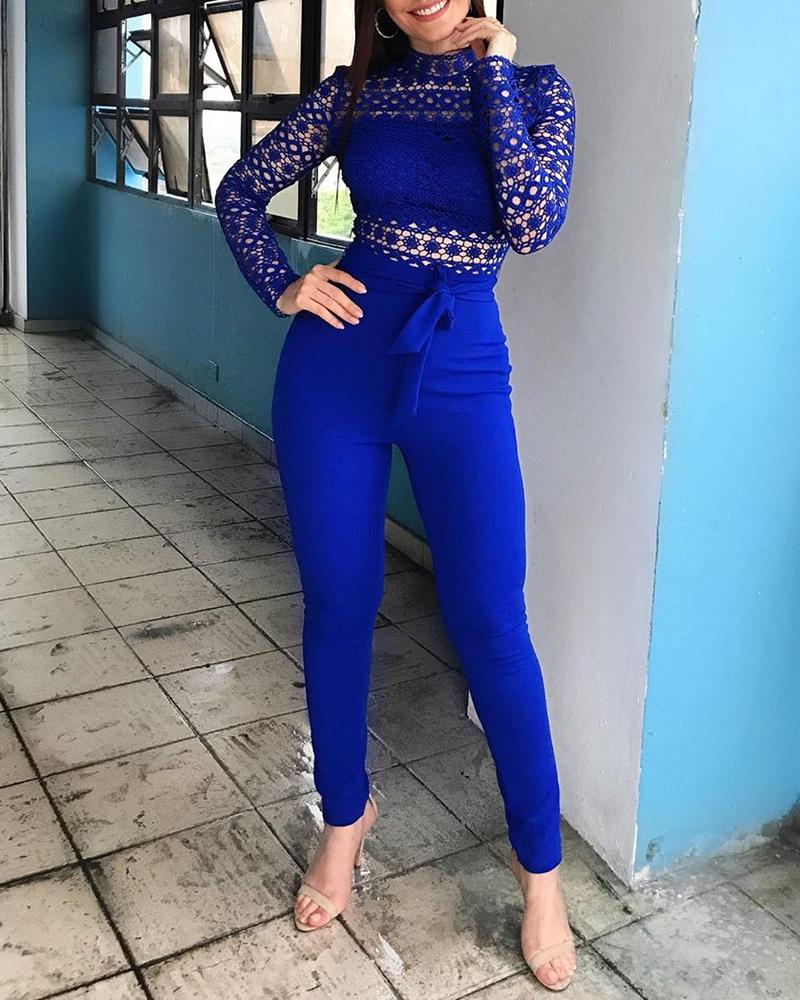 

Solid Hollow Out Lace Insert Top & Slinky Pants Sets, Blue