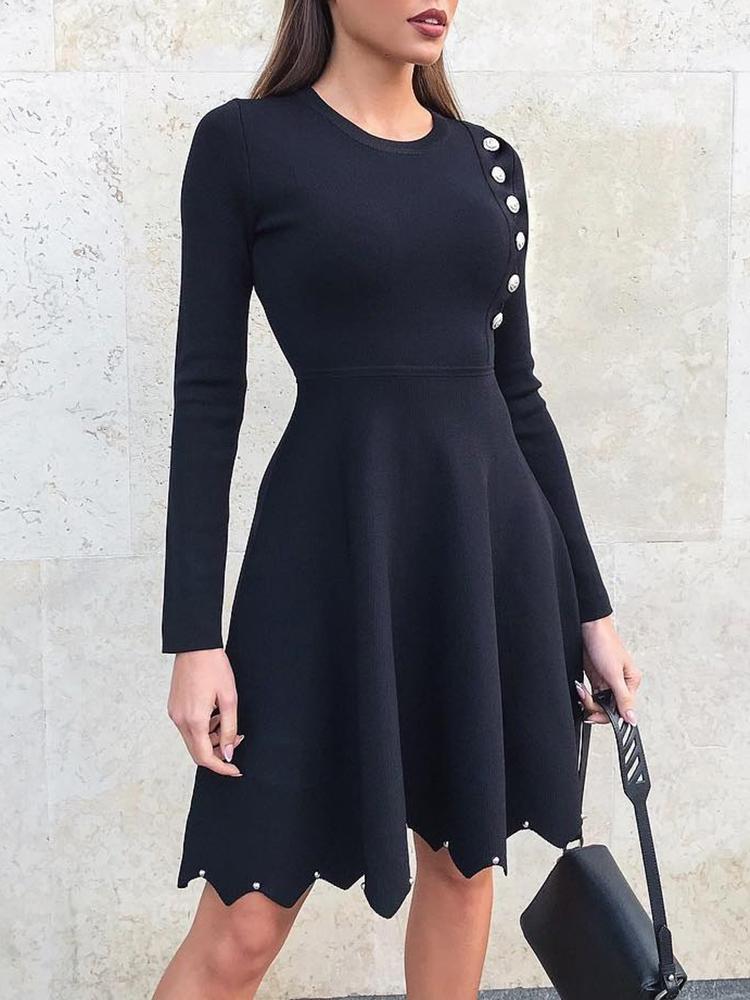 

Button Detail Asymmetrical Trim Hem Pleated Dress