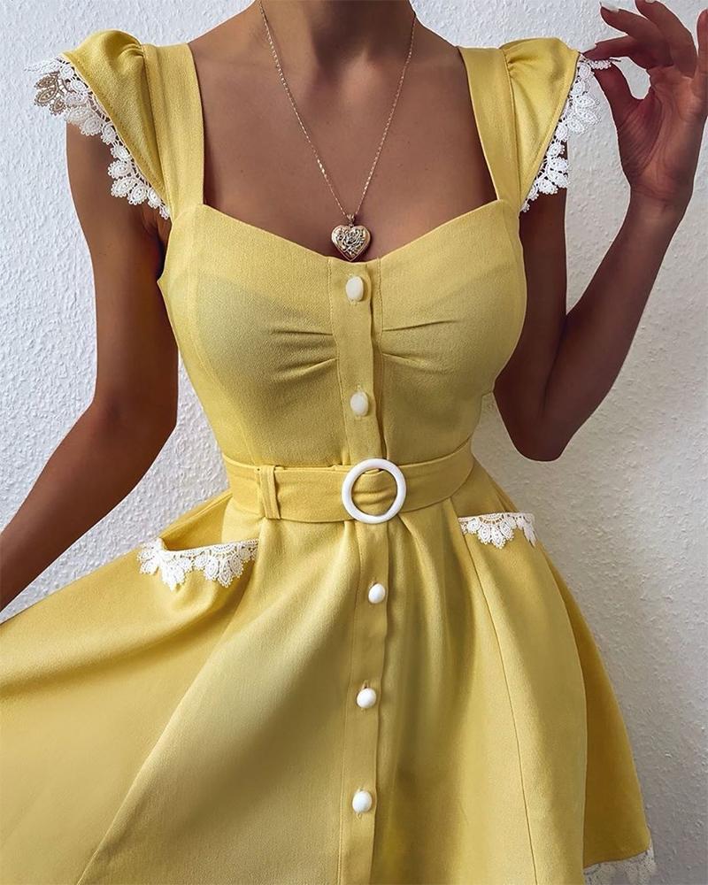 

Square Neck Lace Trim Midi Dress, Yellow