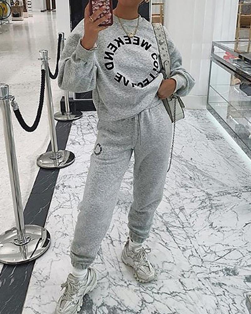 

Letter Print Long Sleeve Top & Drawstring Pants Set, Gray