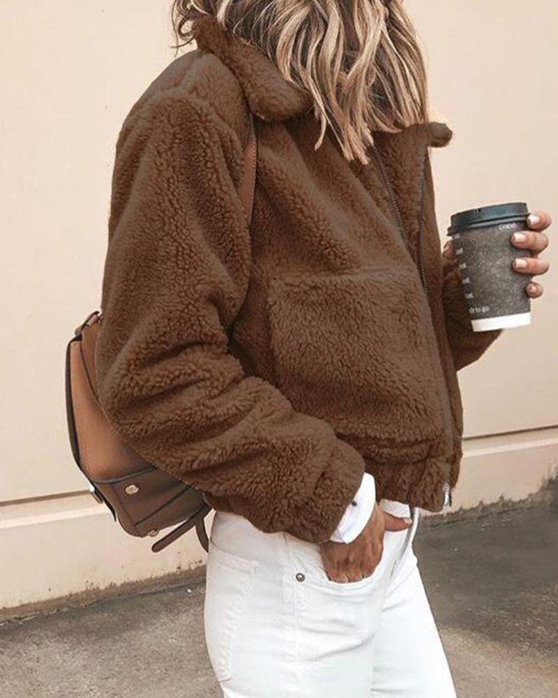 

Solid Turn-down Collar Pocket Fluffy Coat, Coffee