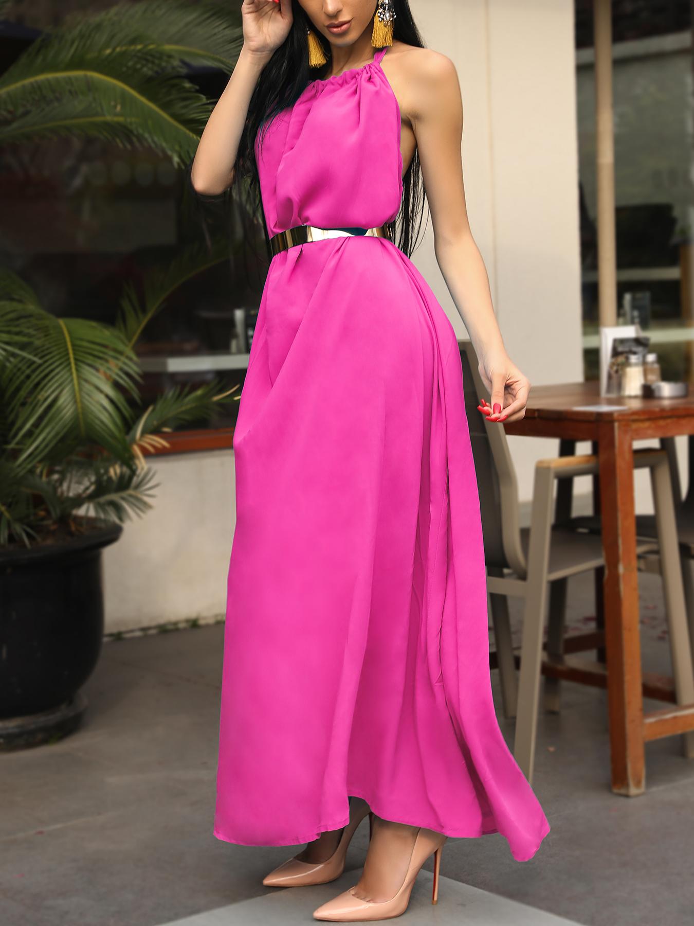 

Solid Halter Maxi Dress Beach Cover Up, Hot pink