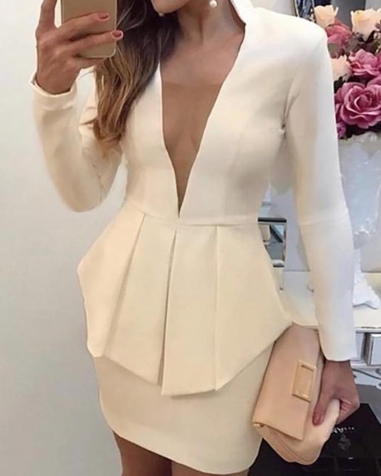 

Deep V-Neck Peplum Bodycon Dress, White