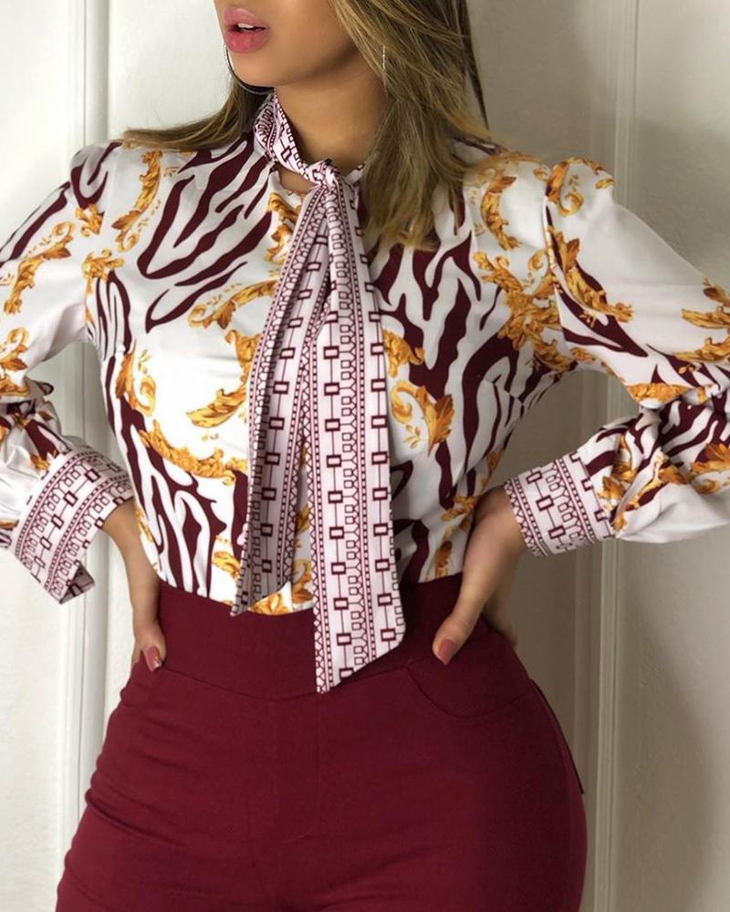 

Print Tied Neck Casual Shirt, Wine red