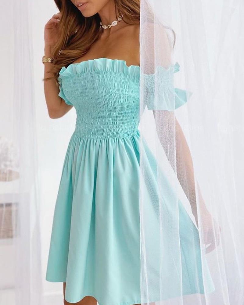 

Off Shoulder Shirring Design Frill Hem Casual Dress, Blue