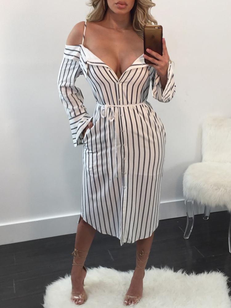 

Deep V Striped Button Belted Shirt Dress, White