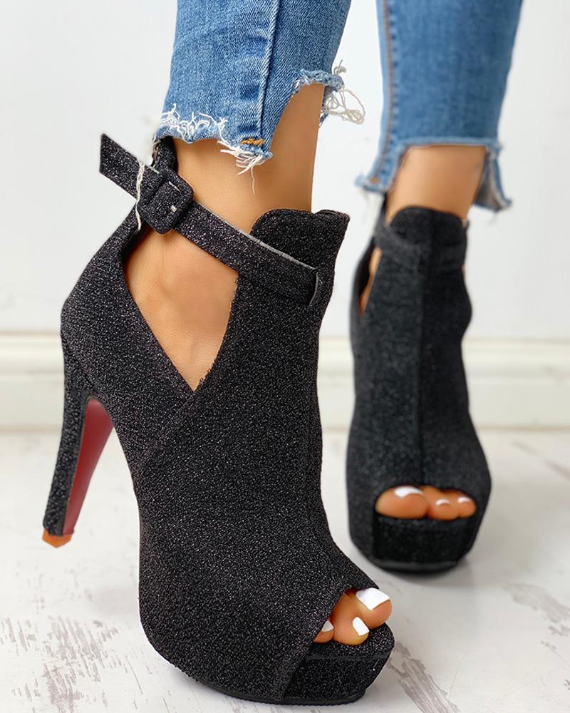 

Glitter Peep Toe Cut Out Platform Thin Heels, Black