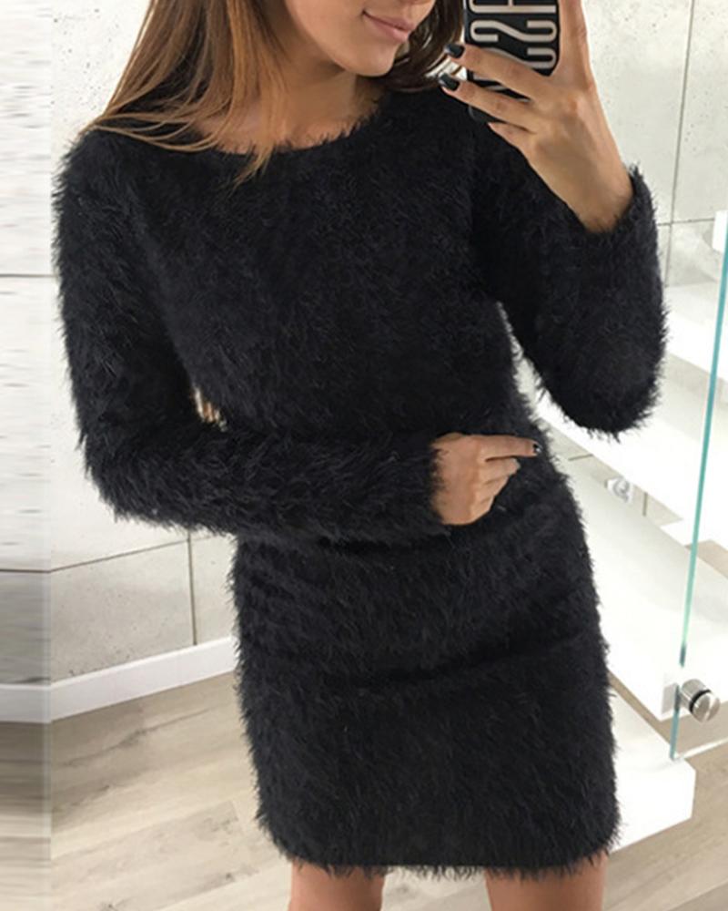 

Solid Color Wool Medium Length Dress, Black