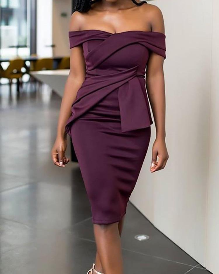 

Fold Over Off Shoulder Asymmetric Scrunch Midi Dress, Purple