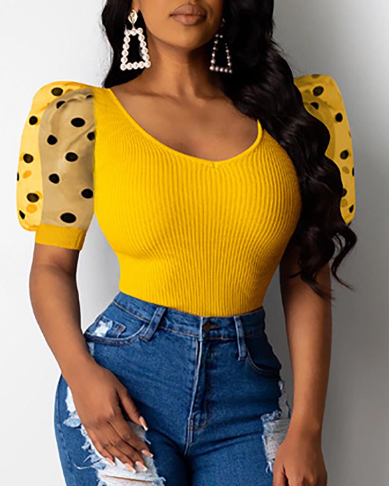 

Dot Mesh Puff Sleeve Ribbed Blouse, Yellow