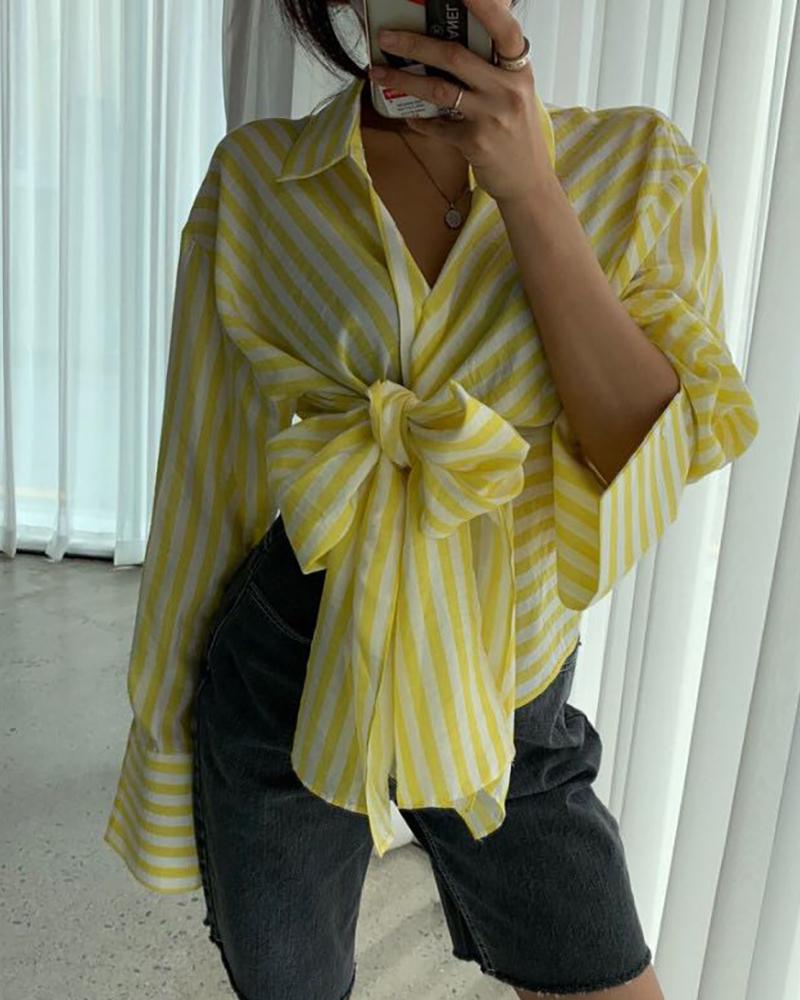 

Striped Colorblock Knotted Buttoned Shirt, Yellow