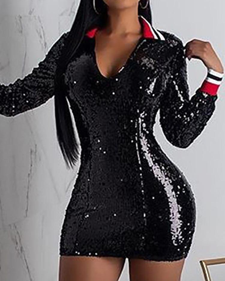 

Shiny Sequins Striped Binding Party Dress
