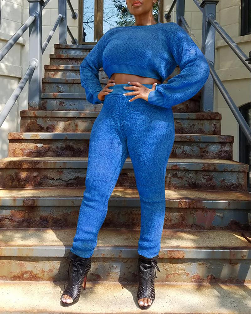 

Round Neck Long Sleeve Fluffy Crop Top & Pants Sets, Blue