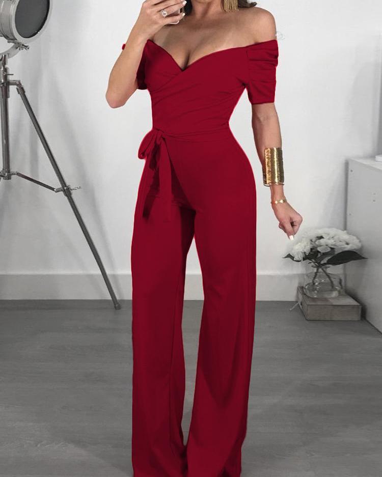

Puff Sleeve Off Shoulder Belted Wrap Jumpsuit, Red