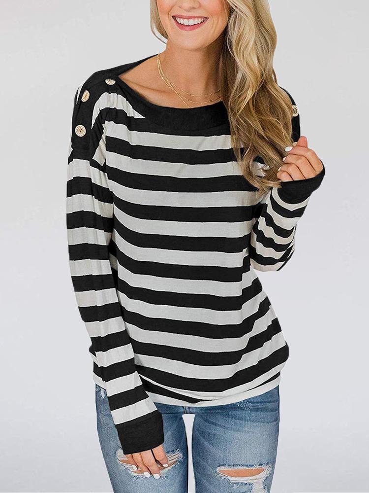

Striped Button Design Casual T-Shirt