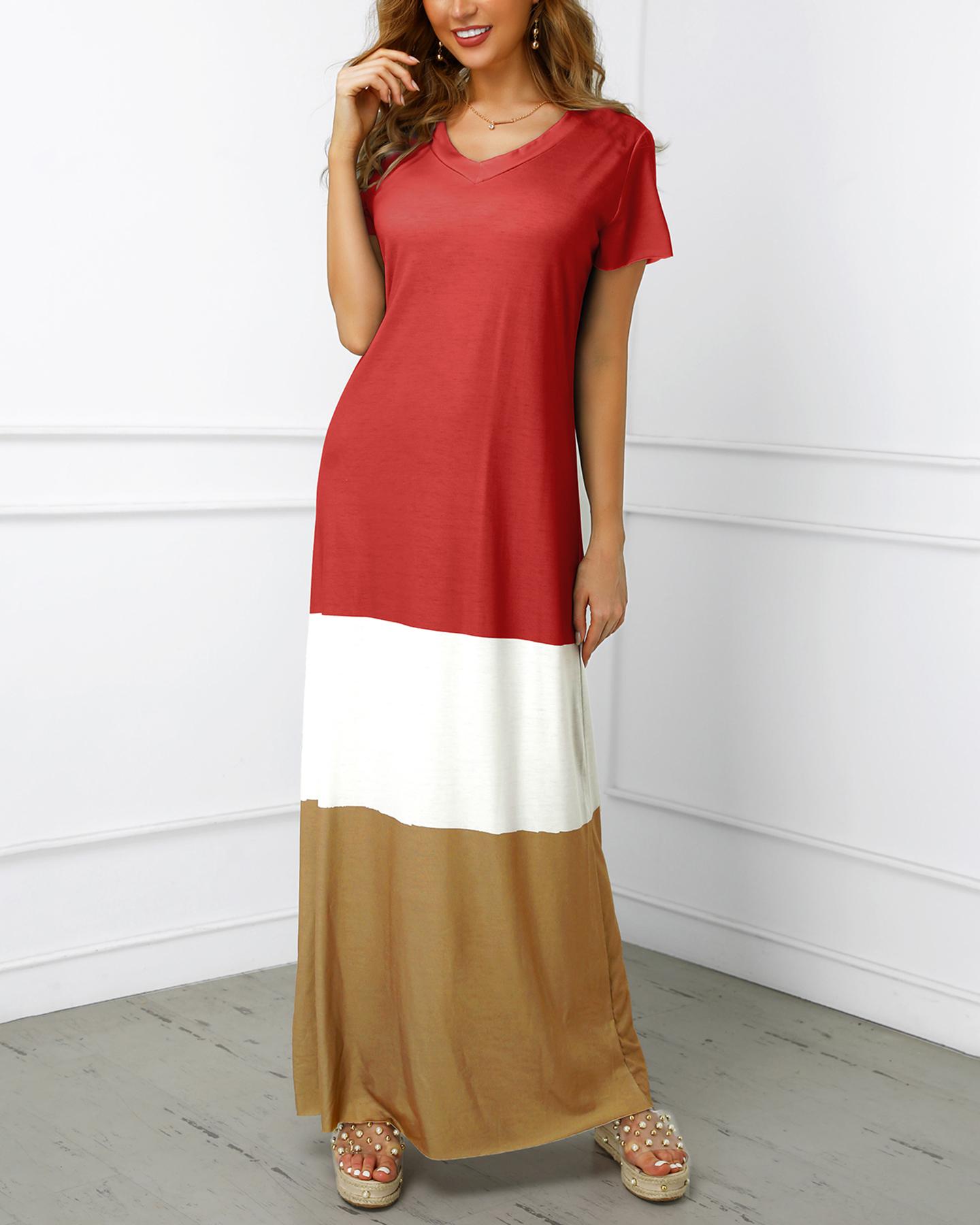 

V Neck Short Sleeve Colorblock Maxi Dresses, Red