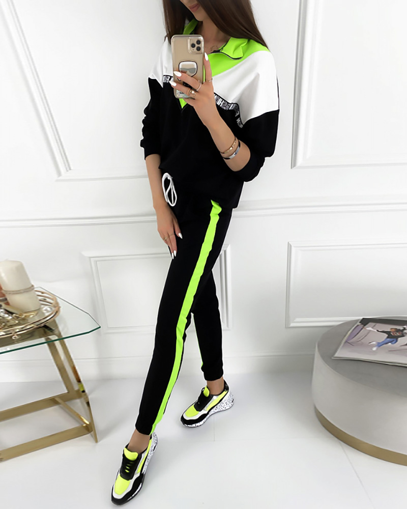 

Colorblock Zipper Design Letter Print Top & Drawstring Pants Set, Green