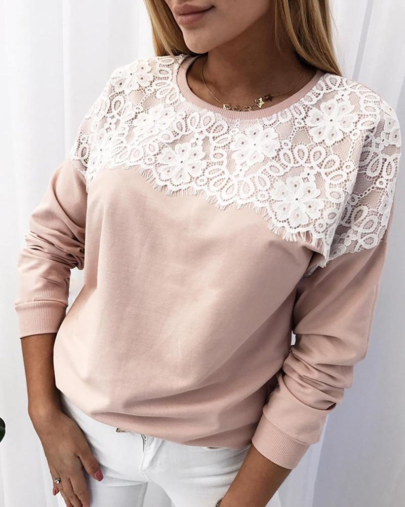 

Mesh Lace Insert Long Sleeve Blouse, Pink