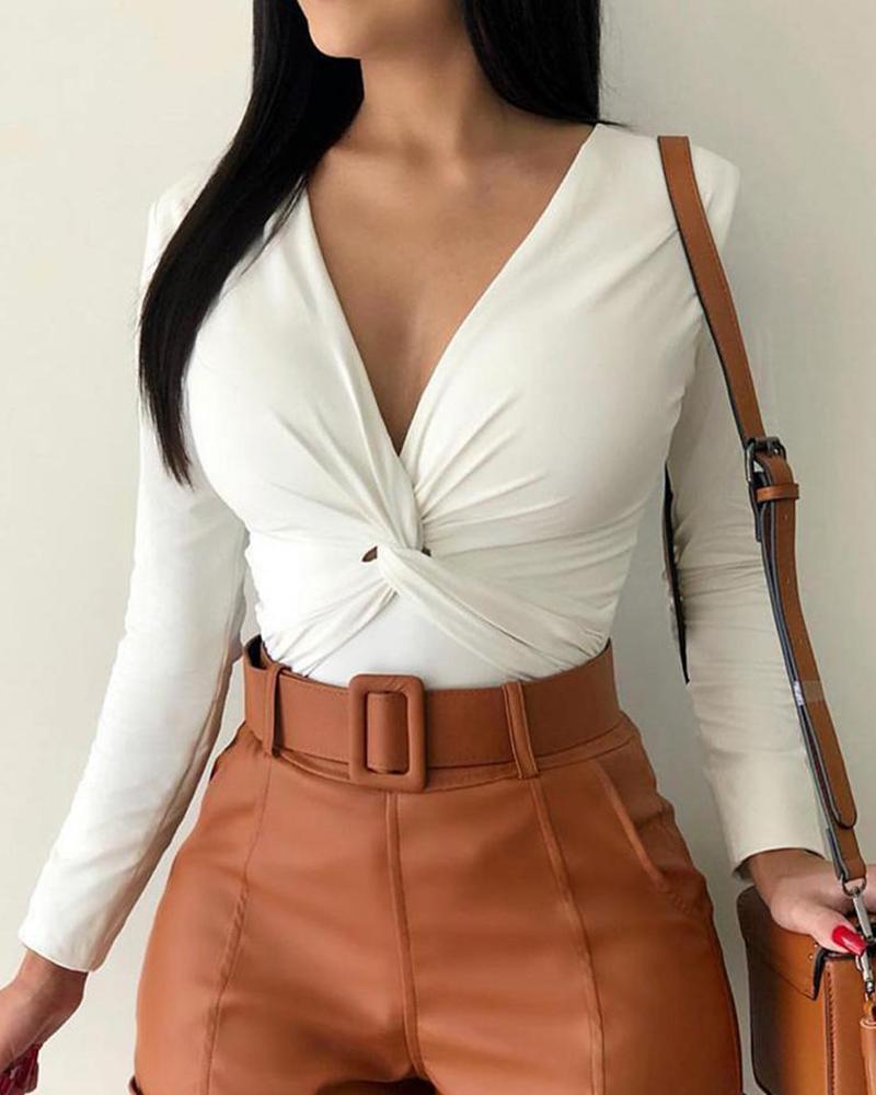 

Solid Long Sleeve Crisscross Casual Blouse, White