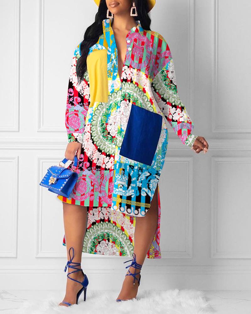 

Colorful Print Buttoned Dip Hem Shirt Dress, Multicolor