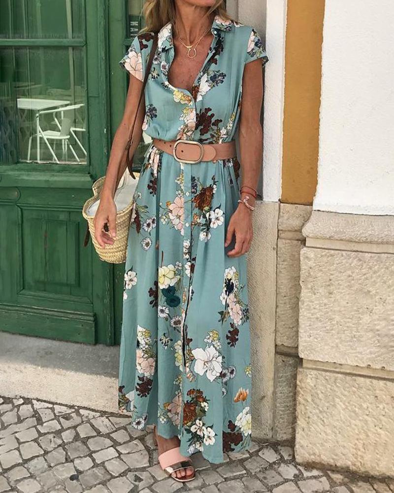 

Short Sleeve Floral Print Shirt Maxi Dress, Green