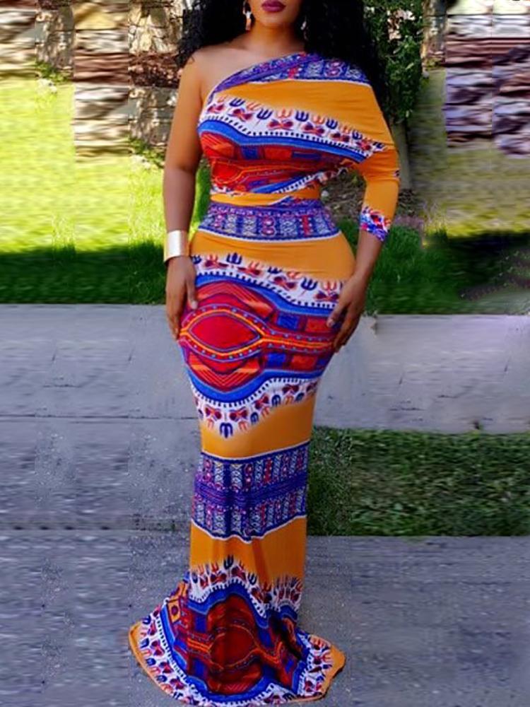 

Abstract-color One Shoulder Maxi Dress, Orange