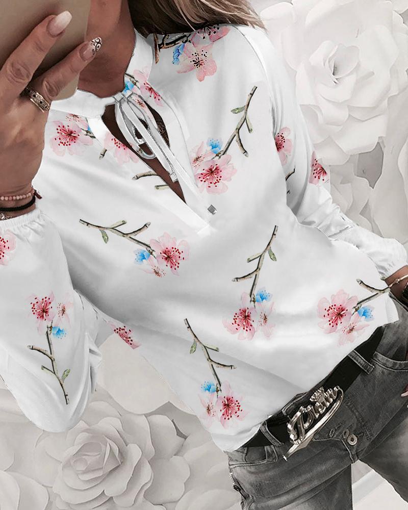 

Floral Print Tied Detail Casual Blouse, White