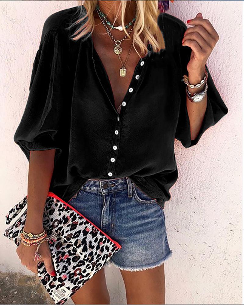 

V-neck Half Sleeve Casual Shirt, Black